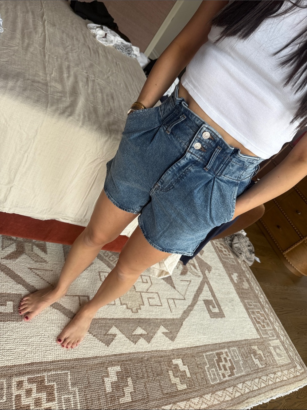 Express High-Rise Pleated Denim Shorts - Blue